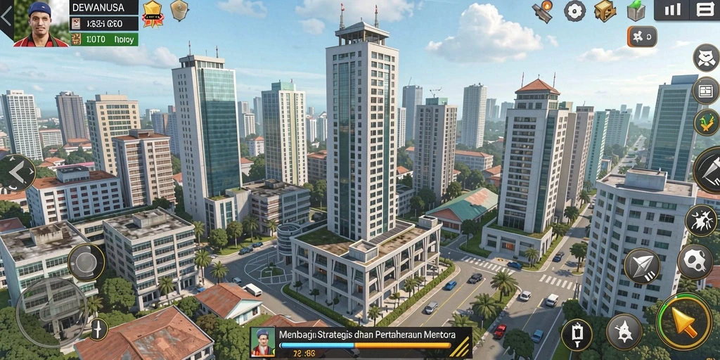 Gameplay DEWANUSA dengan menara pertahanan dan aksi musuh.