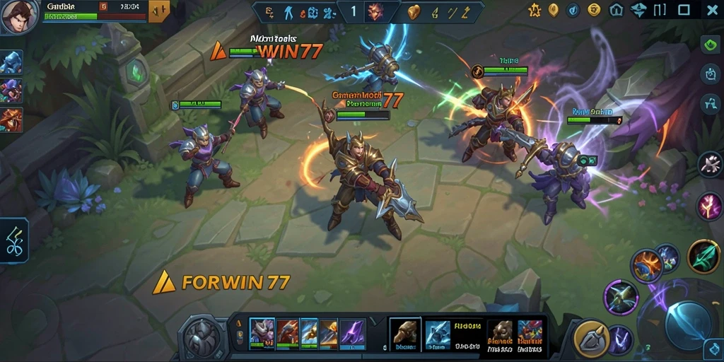 Gambar gameplay FORWIN77 yang menampilkan pertempuran seru antar tim.