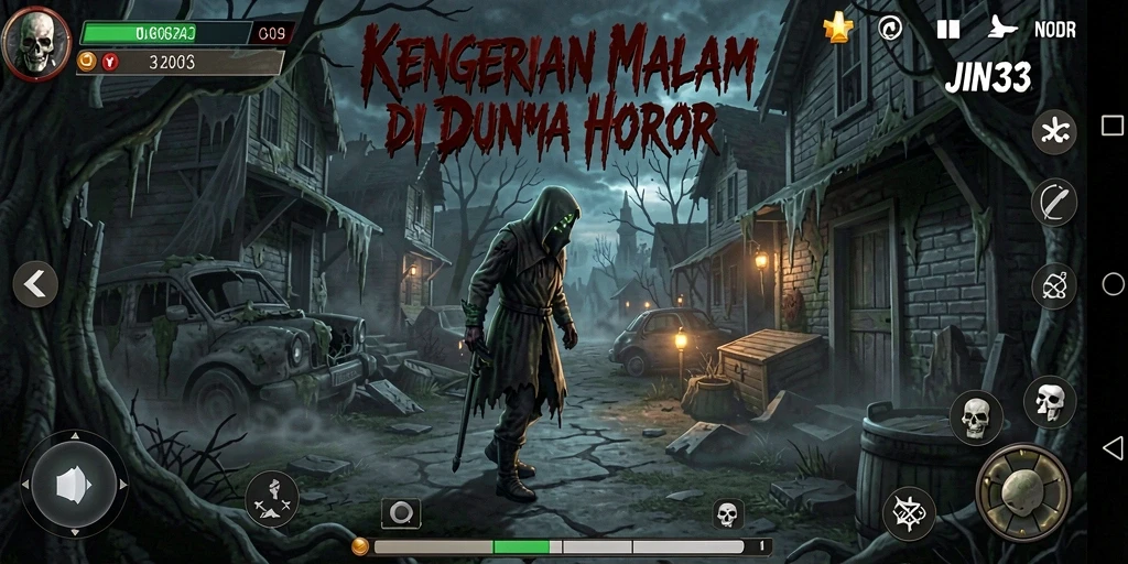 Screenshot gameplay JIN33 menampilkan suasana kegelapan yang mencekam.