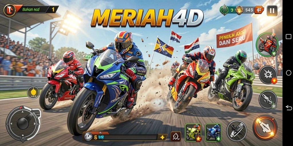 Screenshot gameplay MERIAH4D menunjukkan aksi balapan motor yang mendebarkan.