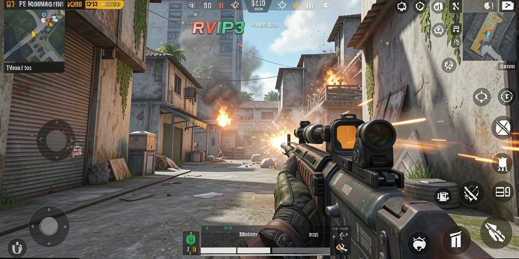 Screenshot menunjukkan aksi intens dalam gameplay RVIP3 dengan grafis menakjubkan.